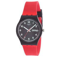 Swatch Unisex Watch - Red Grin Quartz Date-Day Black Dial Silicone Strap | GB754