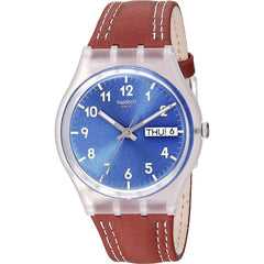 Swatch Unisex Watch - Time to Swatch Windy Dune Blue Dial Brown Leather Strap | GE709