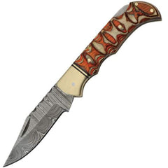 SZCO Folding Knife - Clip Point Blade Brown and Grey Sculpted Wood Handle | DM-1285