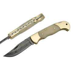 SZCO Folding Knife - Clip Point Style Steel Blade White Smooth Bone Handle | DM-1162BO