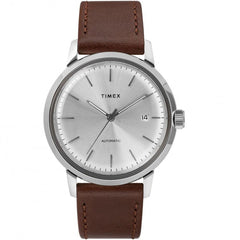 Timex Men's Automatic Watch - Marlin Silver Dial Leather Strap | TW2T22700ZV