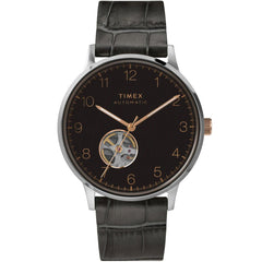 Timex Men's Automatic Watch - Waterbury Black Dial Leather Strap | TW2U11600ZV