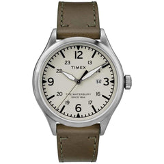 Timex Men's Quartz Watch - Waterbury Cream Dial Green Leather Strap | TW2R71100