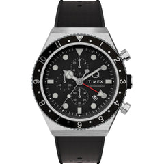 Timex Men's Watch - Q Chronograph Rotating Bezel Black Dial Rubber Strap | TW2V70000