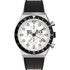 Timex Men's Watch - Q Chronograph Rotating Bezel White Dial Rubber Strap | TW2V70100