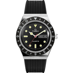 Timex Men's Watch - Q Quartz Rotating Bezel Black Dial Strap Day-Date TW2V32000