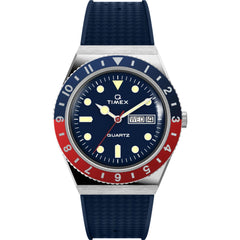 Timex Men's Watch - Q Quartz Rotating Bezel Blue Dial Strap Day-Date TW2V32100