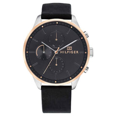 Tommy Hilfiger Men's Quartz Watch - Chase Two Tone Case Black Leather Strap | 1791488