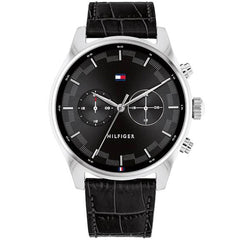 Tommy Hilfiger Men's Quartz Watch - Sawyer Dual Time Black Leather Strap | 1710424