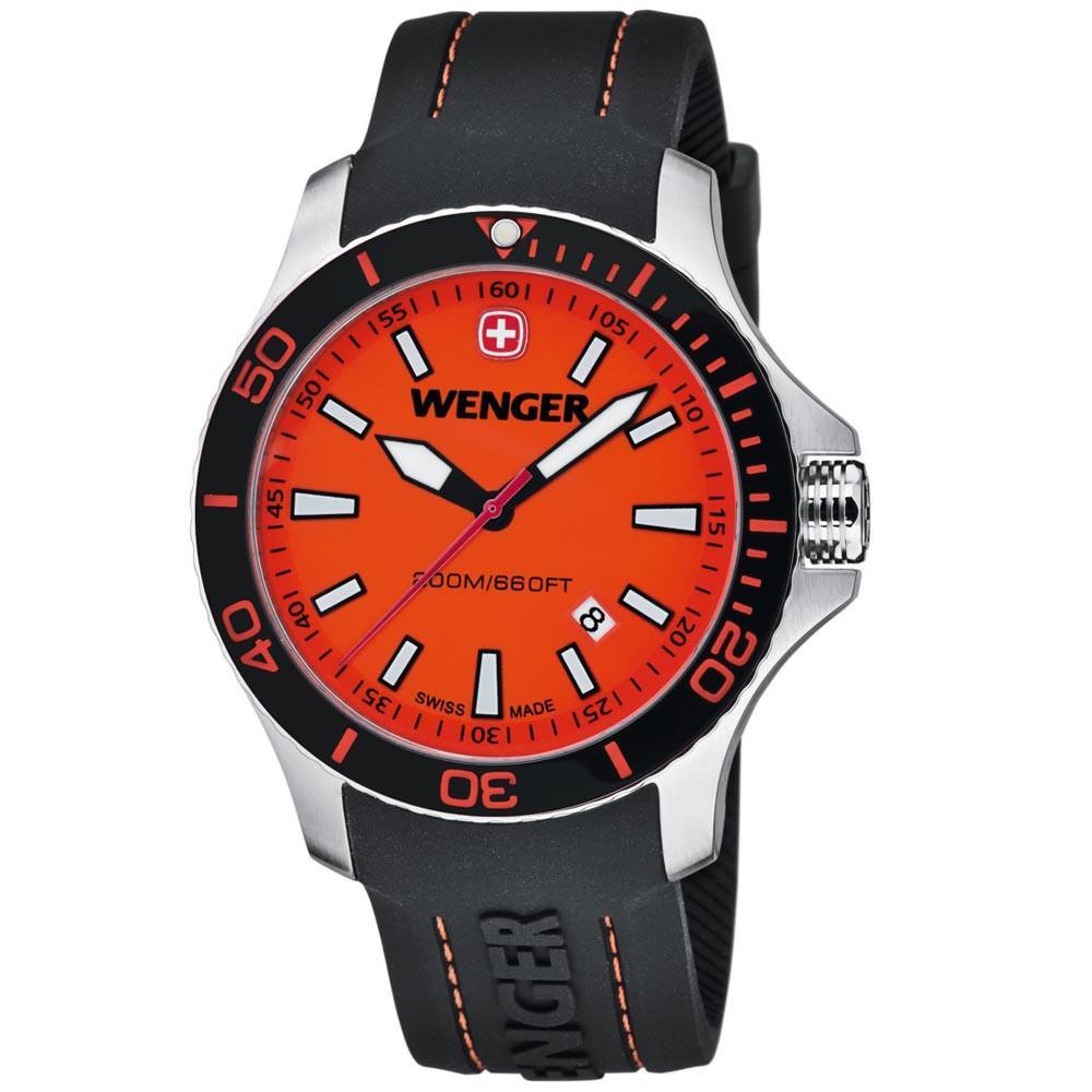 Wenger 01.0641.111 Men's Sea Force Orange Dial Black Rubber Strap