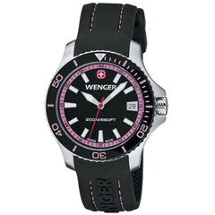 Wenger 0621.103 Women's Sea Force Pink Accents Black Dial Silicon Rubber Strap Watch