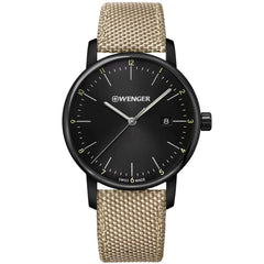 Wenger Men's Quartz Watch - Urban Classic Black Dial Beige Fabric Strap | 01.1741.138