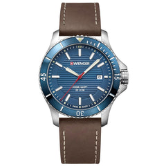 Wenger Men's Swiss Quartz Watch - Seaforce Blue Dial Brown Strap Dive | 01.0641.130