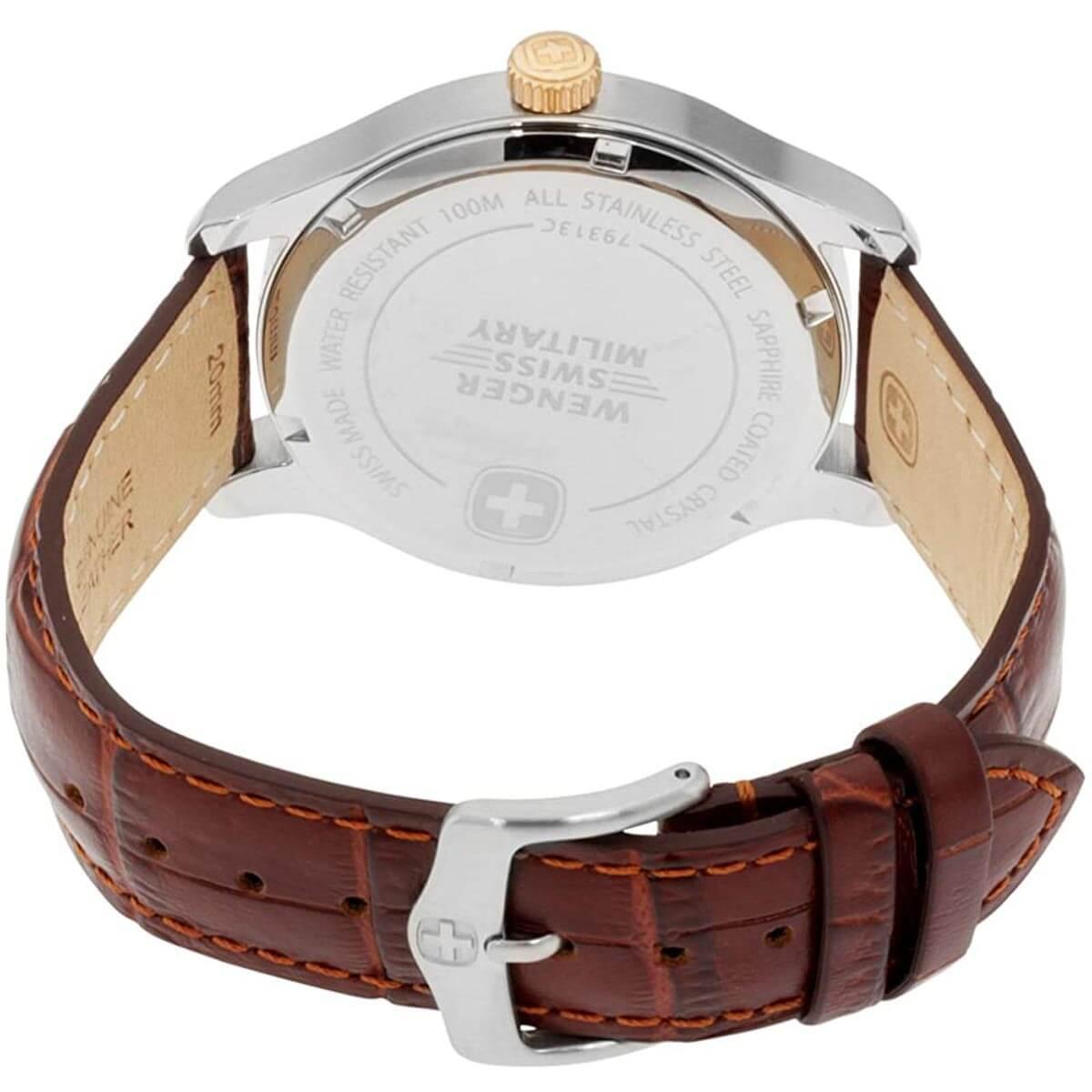 Wenger Men s Watch Swiss Quartz Silver Dial Brown Leather Strap SS C