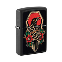 Zippo Pocket Lighter - Black Matte Crow Tattoo Design Brass Metal Windproof | 48611