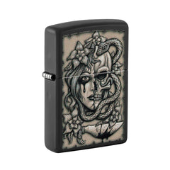 Zippo Pocket Lighter - Black Matte Gory Tattoo Design Brass Metal Windproof | 48616