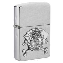 Zippo Windproof Lighter - Card Skull Emblem Design Brush Chrome Finish | 49293