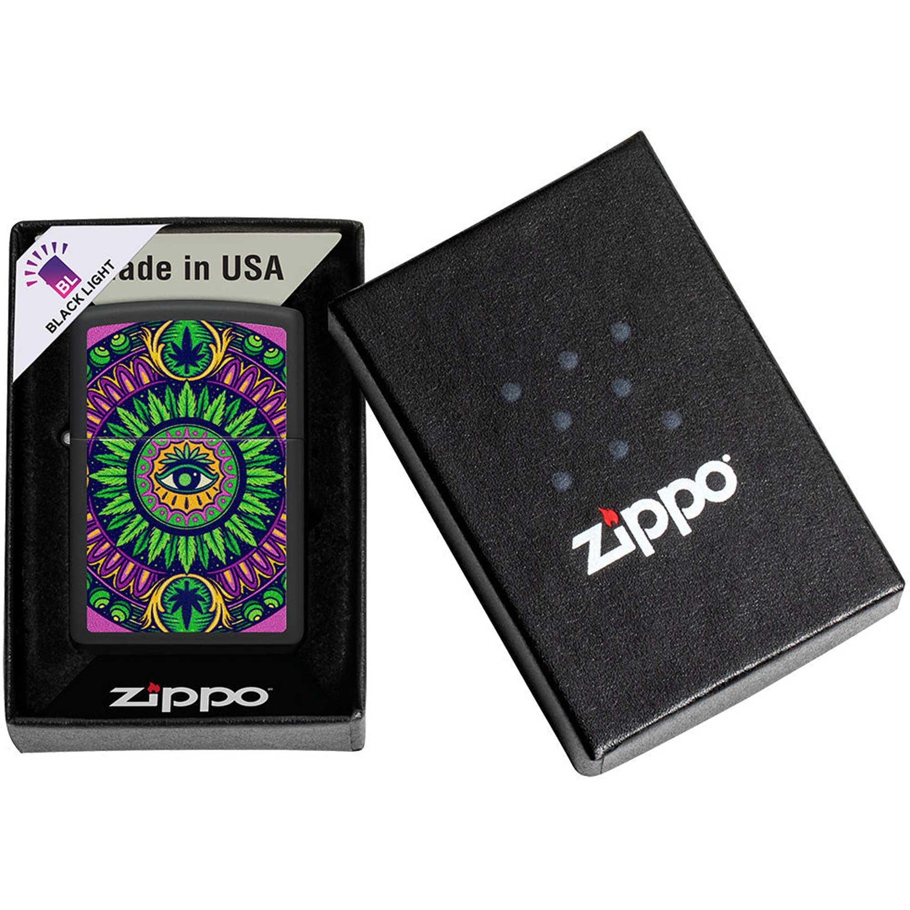 Zippo Windproof Lighter - Mandala-Style Cannabis Pattern Design Black