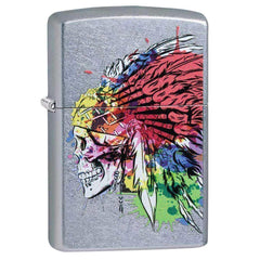 Zippo Windproof Lighter - Skull with Headdress Design Street Chrome Finish | 49111