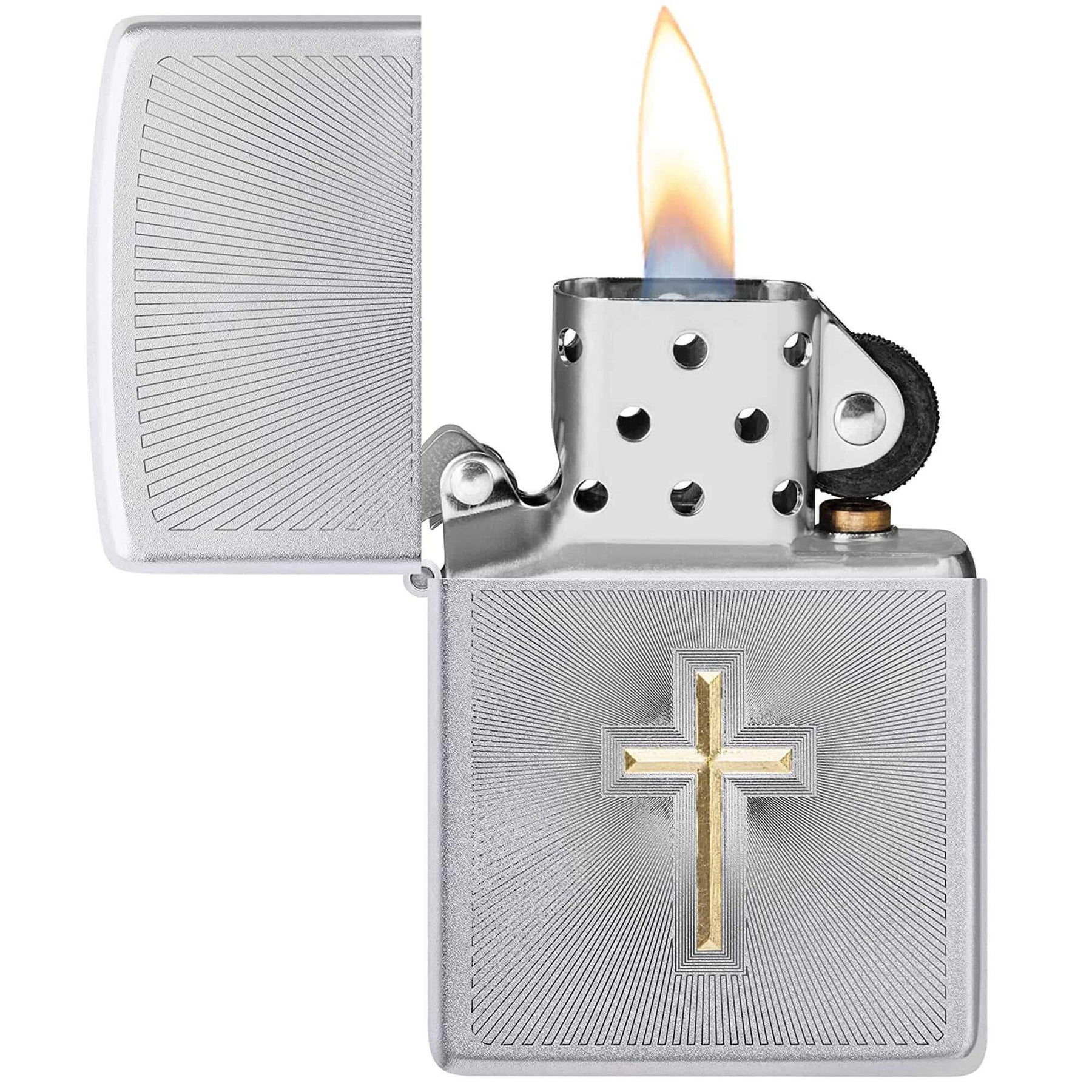 Zippo Windproof Lighter - Two Tone Cross Design Satin Chrome Metal