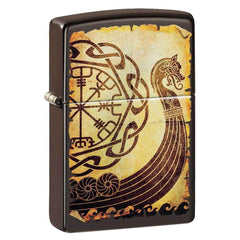 Zippo Windproof Lighter - Viking Warship Design Brown Finish Metal Refillable | 49182