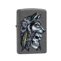 Zippo Windproof Lighter - Wolf Skull Feather Design Iron Stone Finish Metal | 29863